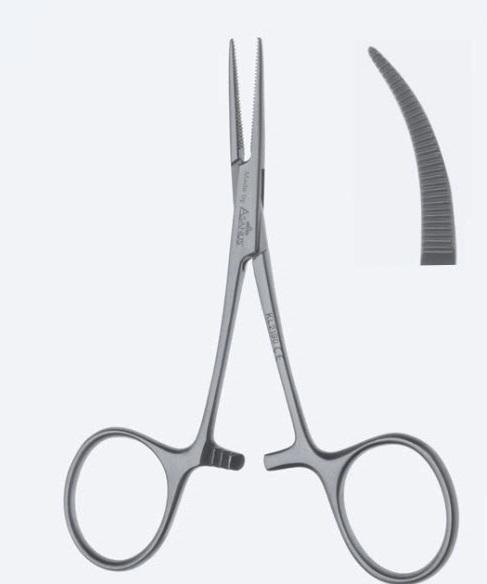 Зажими гемостатичні, "Hartmann Baby-Mosquito", делікатні, вигнуті, зубчаті щелепи, довжина 100 мм, 4". Бренд - Asanus Medizintechnik Gmb, Німеччина